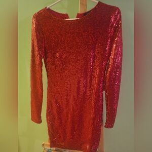 Festive Red Sequin Long Sleeve Dress